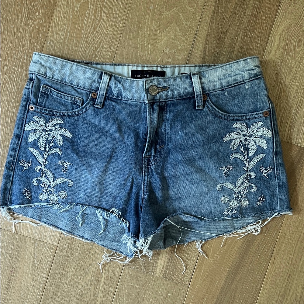 Lucky Brand Blue Jean Shorts with White Floral Embroidery